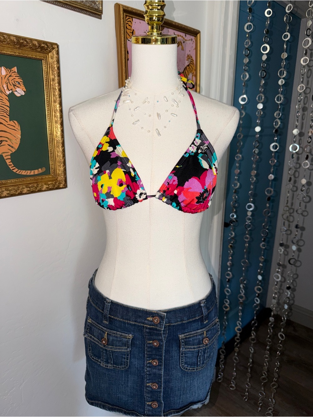 Vintage Y2K Roxy Women’s Floral Multicolor Bikini Top